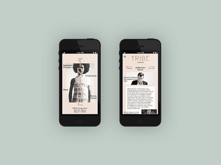 TRIBE. Logo, print and  iPhone 5 app for a fashion  event held in Berlin